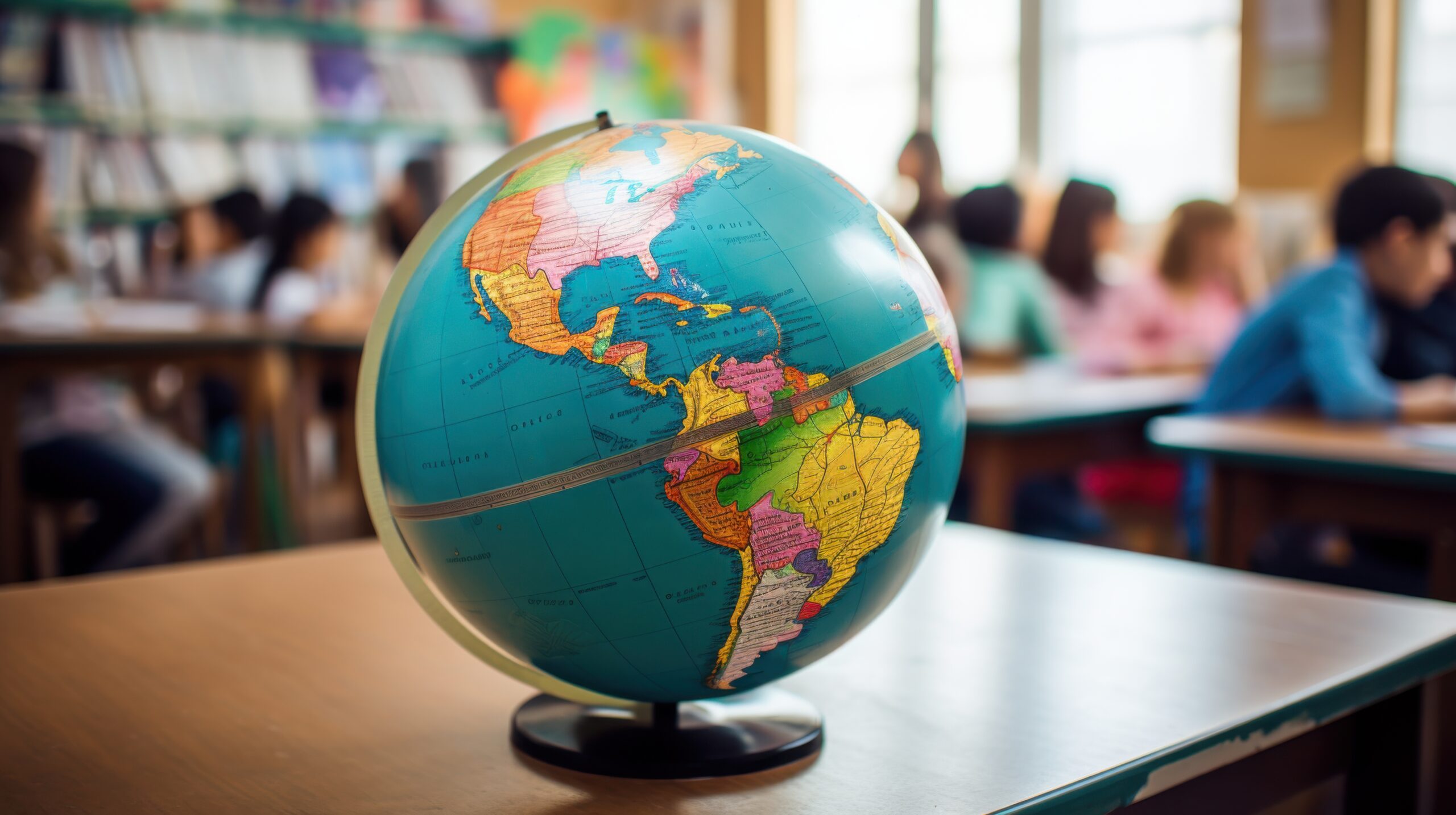 A globe sits prominently on a classroom desk with students in the background, symbolizing education and global awareness.
